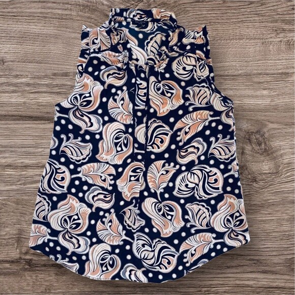 ANN TAYLOR Blouse Women’s Petite Small Navy Semi Sheer Sleeveless Paisley Print - Picture 1 of 11